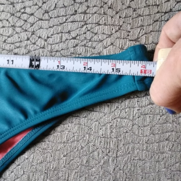 High neck laced front teal and rust bikini w cheeky bottoms - Picture 8 of 12